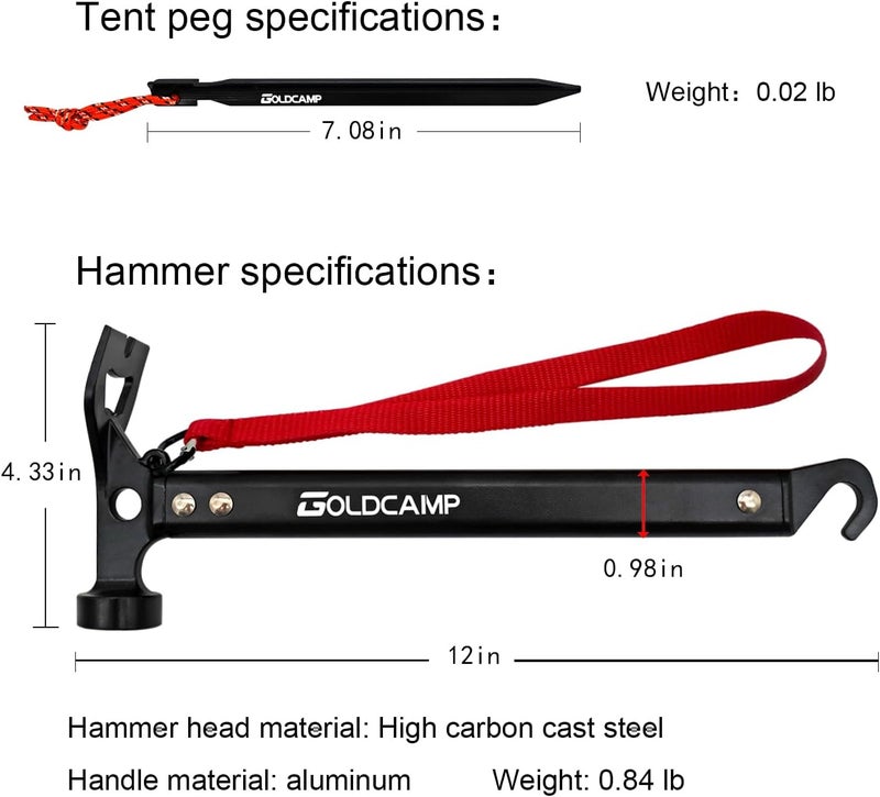 GoldCamp 8 Pack Tent Stakes and Hammer with Canvas Storage Bag, Heavy Duty Camping Stakes for Outdoor Tent & tarp-Essential Accessories, Carbon Steel Aluminum Camping Hammer for Hiking Kit - Image 2
